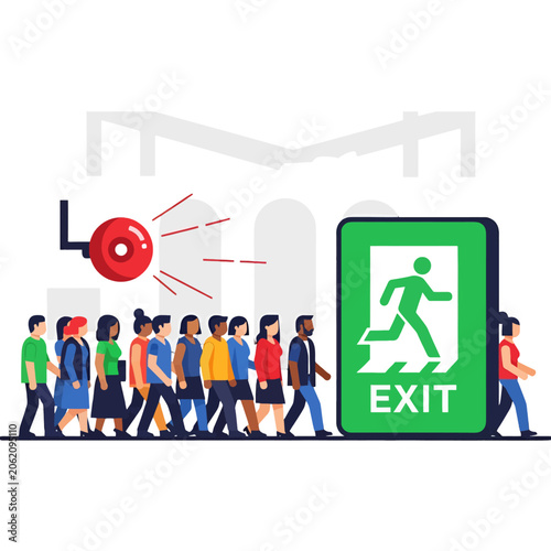A diverse group of people walking toward a bright green emergency exit sign