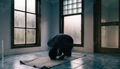 Man Bowing in Prayer on a Mat, Facing a RainStreaked Window, Embracing Solitude and Spirituality