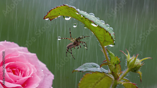 spider hanging on wet leaf illustration.ai 