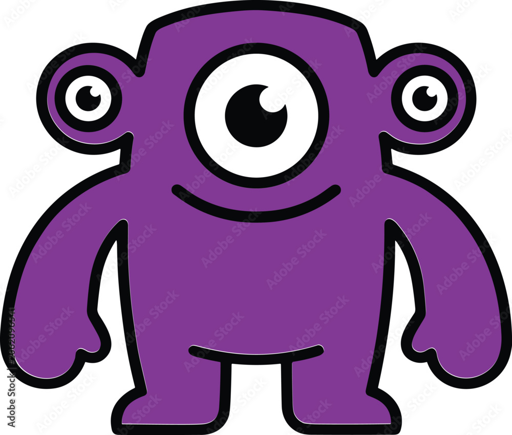 Fototapeta premium Purple monster with eyes on ears smiling. Purple cartoon monster with eyes on ears and a smile