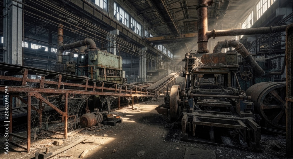 Fototapeta premium Interior of a derelict and rusty abandoned industrial factory