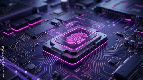 Close up of a digital fingerprint scanner on a circuit board technology concept