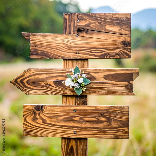 A rustic wooden signpost with three planks and a small white flower branch
