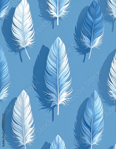A seamless pattern of blue and white feathers on a light blue background