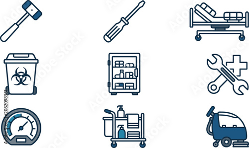 Obraz na plátně Hospital Maintenance and Medical Facility Management Icon Set with Cleaning Tool