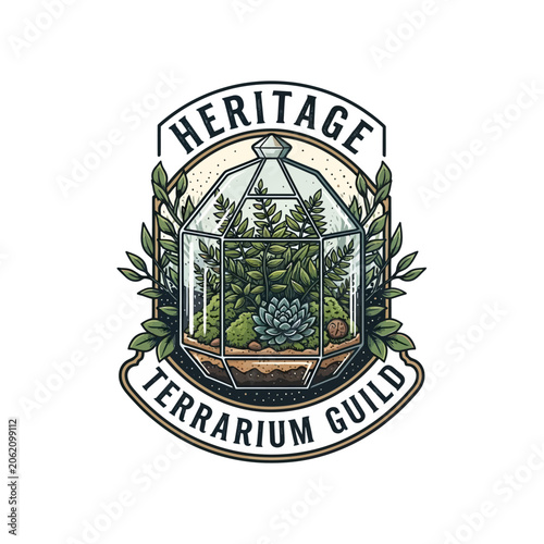 Φωτογραφία Vintage heritage terrarium guild logo featuring a glass greenhouse with green plants and succulents