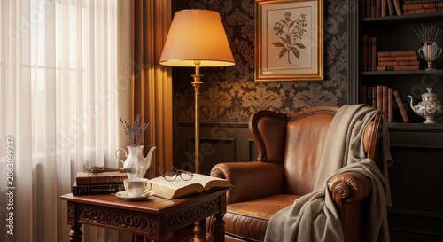 Elegant private library with leather armchair and bookshelves.