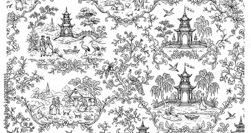 Fotografie Vintage Toile de Jouy Seamless Wallpaper Pattern with Villagers Floral and Chino
