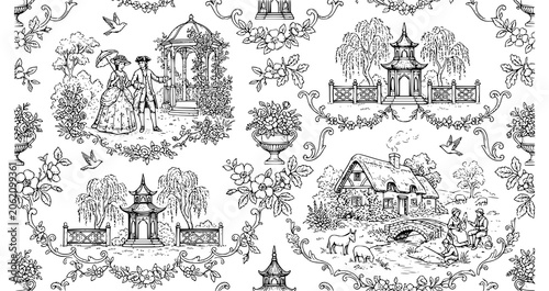 Obraz na plátně Blue Chinoiserie Victorian Country Life Seamless Pattern with Romantic Villager