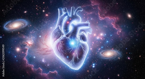 Glowing human heart nebula in deep space cosmos.