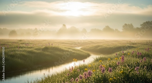 Sunrise over a misty winding river and wildflower meadow.