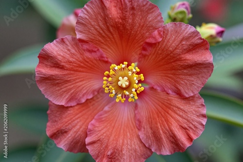 A close up of a red flower on a tree branch