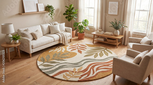 Bright living room with round botanical rug and plants