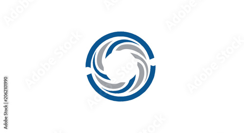 Abstract circular swirl logo icon with blue and grey curved lines on white background.