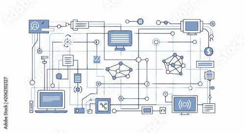 Abstract computer network diagram showing data flow and system architecture connections.