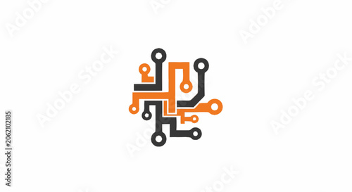 Abstract digital circuit board icon representing technology and connectivity on white background.