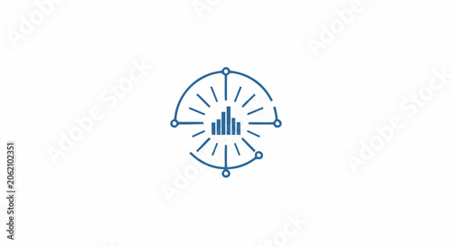 Abstract digital network icon with central bar chart and radiating lines representing data analytics and technology.