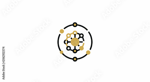Abstract digital network icon representing global connection and technology system in black and gold colors.