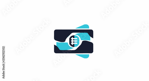 Abstract digital wallet and credit card icon with modern cyan and dark blue geometric design.