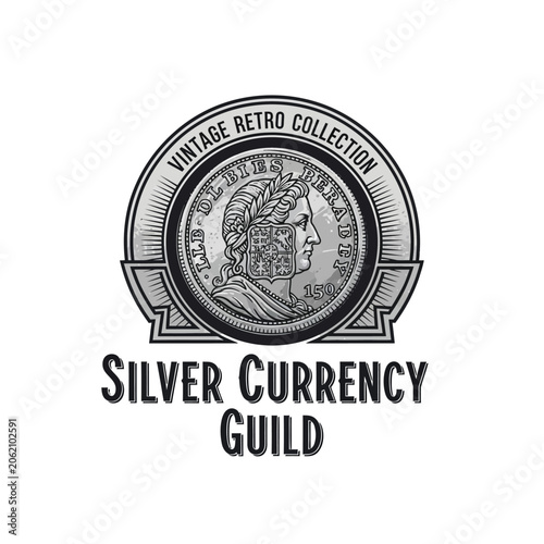 Foto Vintage silver currency guild logo featuring a classical emperor bust on a coin
