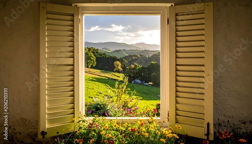 A serene landscape view through a window with open shutters and vibrant flowers