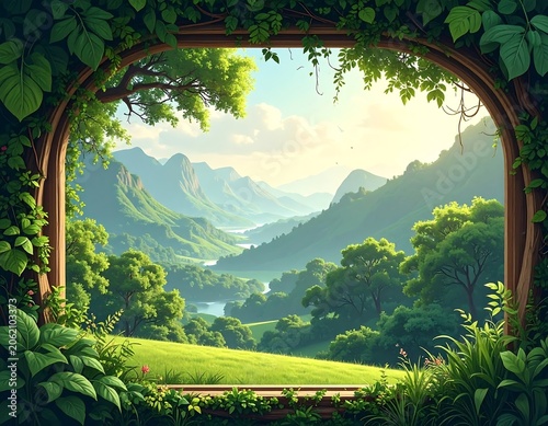 A serene landscape view through an archway with lush greenery
