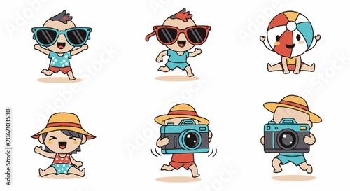 Adorable Cartoon Characters Enjoying Summer Fun with Sunglasses and Beach Ball.