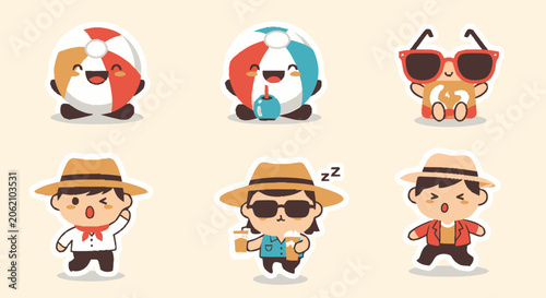 Adorable Cartoon Characters Enjoying Summer Fun with Beach Balls and Hats.