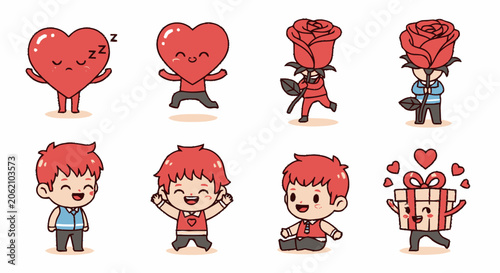 Adorable Cartoon Characters Expressing Love and Affection with Hearts and Roses.
