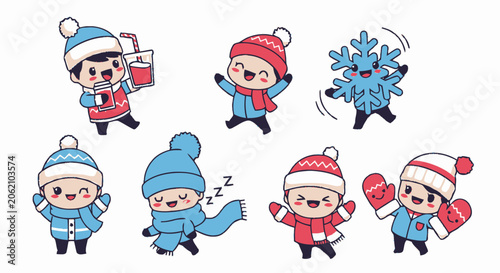 Adorable Cartoon Characters Enjoying Winter Activities with Joyful Expressions.
