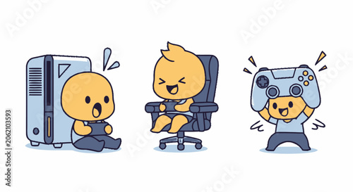 Adorable Cartoon Characters Enjoying Video Games and Gaming Setup.