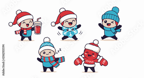 Adorable Cartoon Characters Enjoying Winter Season with Festive Attire.