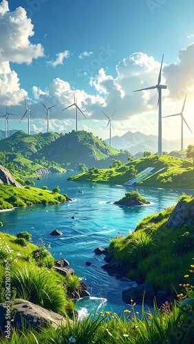 A serene landscape with wind turbines on rolling hills and a river
