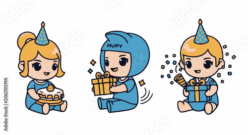 Adorable Cartoon Children Celebrating Birthday Party with Gifts and Cake.
