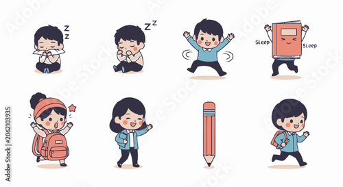 Adorable Cartoon Children Depicting Various Activities and School Elements.