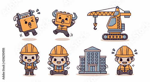 Adorable Cartoon Construction Workers and Equipment in a Playful Illustration.