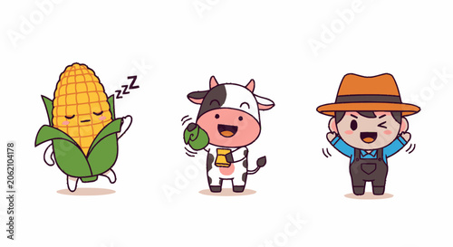 Adorable Cartoon Corn, Cow, and Farmer Characters in a Cheerful Illustration.