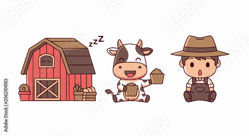 Adorable Cartoon Cow and Farmer with a Red Barn on White Background.