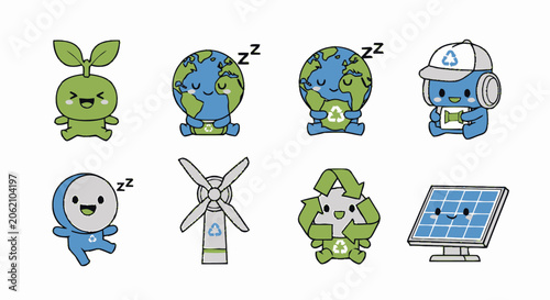 Adorable Cartoon Characters Representing Environmental Sustainability Concepts.