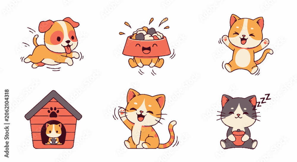 Fototapeta premium Adorable Cartoon Dog and Cats Collection with Happy Expressions.
