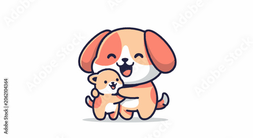 Adorable Cartoon Dog Hugging a Small Teddy Bear with Joyful Expression.