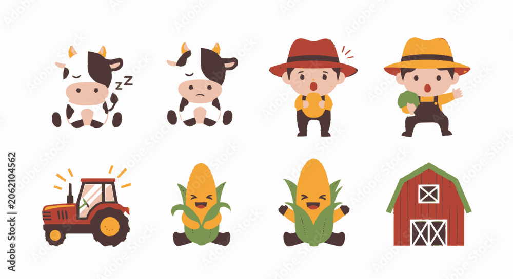 Fototapeta premium Adorable Cartoon Farm Animals and Elements in a Cute Illustration.