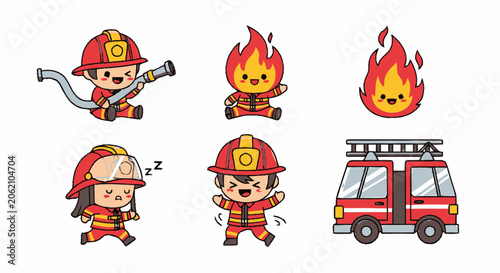 Adorable Cartoon Firefighters and Fire Truck in Playful Illustration.