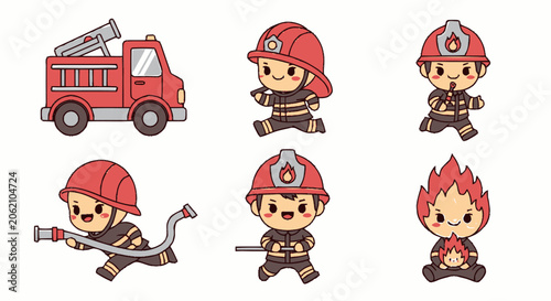 Adorable Cartoon Firefighters and Fire Truck Ready for Action and Rescue.