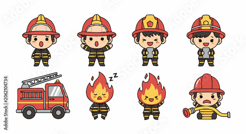 Adorable Cartoon Firefighters and Fire Truck Ready for Action.