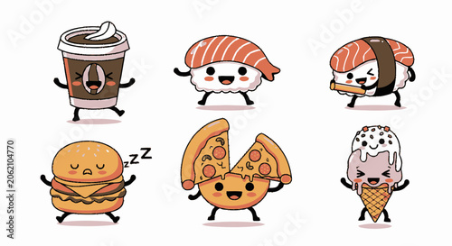 Adorable Cartoon Food Characters - Coffee, Sushi, Burger, Pizza, Ice Cream.