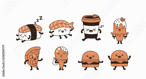 Adorable Cartoon Food Characters Smiling and Displaying Various Emotions.