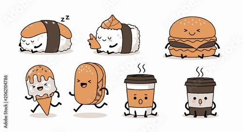 Adorable Cartoon Food Characters Smiling and Expressing Emotions in a Delightful Scene.
