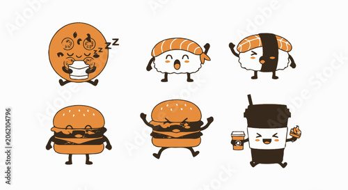 Adorable Cartoon Food Characters Smiling and Expressing Emotions in Illustration.