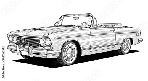 Retro Classic Convertible Car Line Art Drawing and Vintage Vehicle Sketch